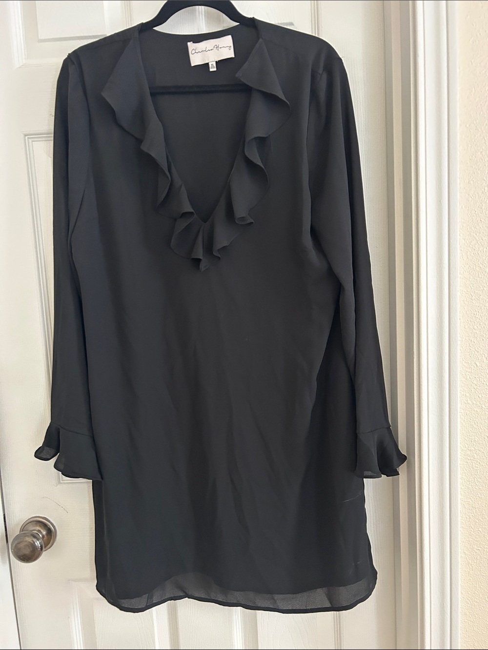 Chaus Black Ruffle V-Neck Long Sleeve Dress